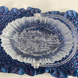 Frosted Glass Oval Serving Bowl/dish with winter scene on bottom & fluted handle